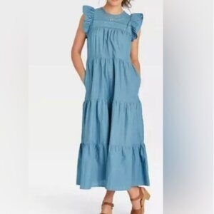 Universal Thread Tiered Maxi Dress Size M Ruffle Flutter Sleeves Embroidery